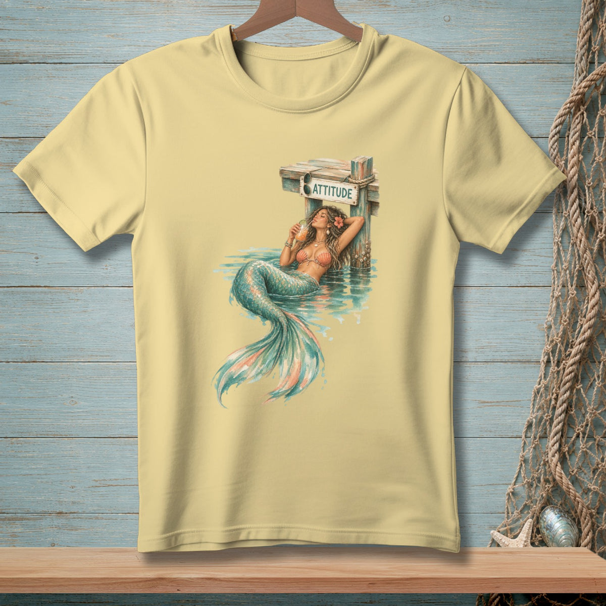 Yellow t-shirt with a graphic of a mermaid lounging by a sign that reads "ATTITUDE".
