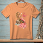 Orange t-shirt with a graphic of a mermaid on a rock with text "Messy Hair Mermaid Rules."