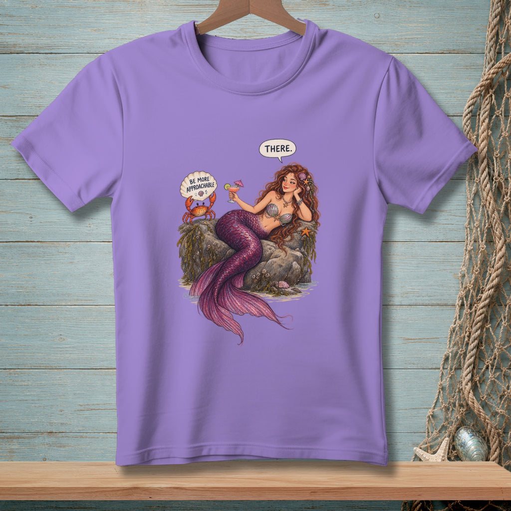 Mermaid holding a drink with a crab saying "BE MORE APPROACHABLE".