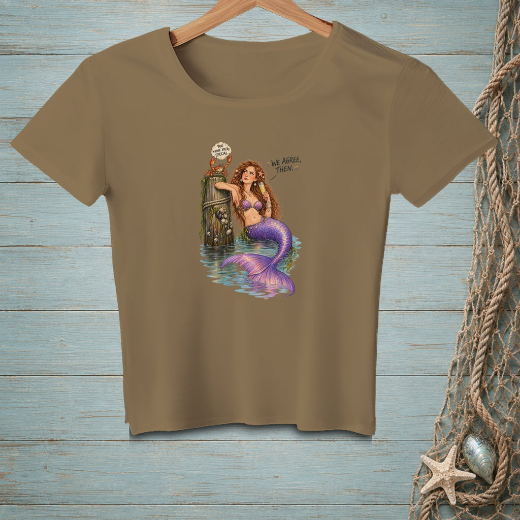 A mermaid with a purple tail sits by a dock post with a crab that says "You think you're special."