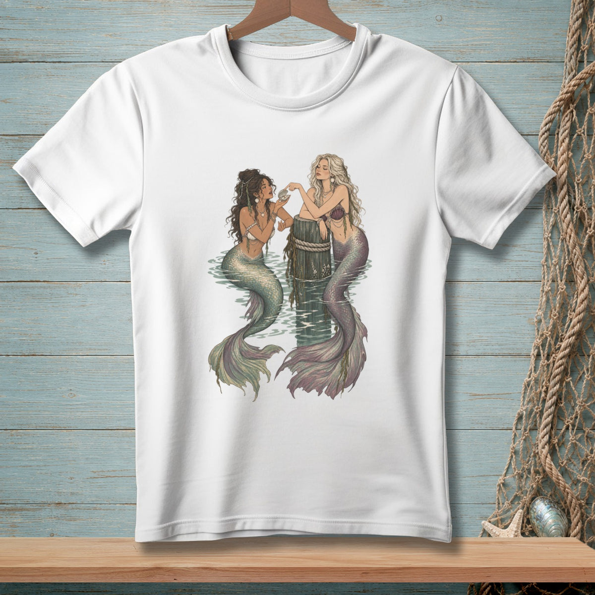 Two mermaids with iridescent tails interact near a wooden post in the water.