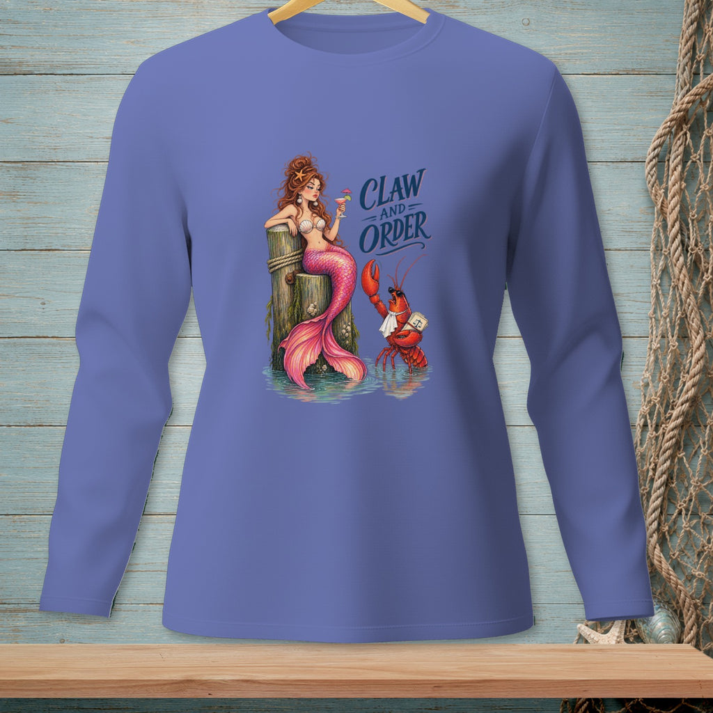 Mermaid with cocktail and lobster in suit with text "Claw and Order".