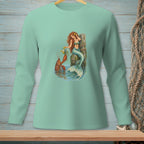 Mermaid holding flowers with lobster on a wooden post in water.
