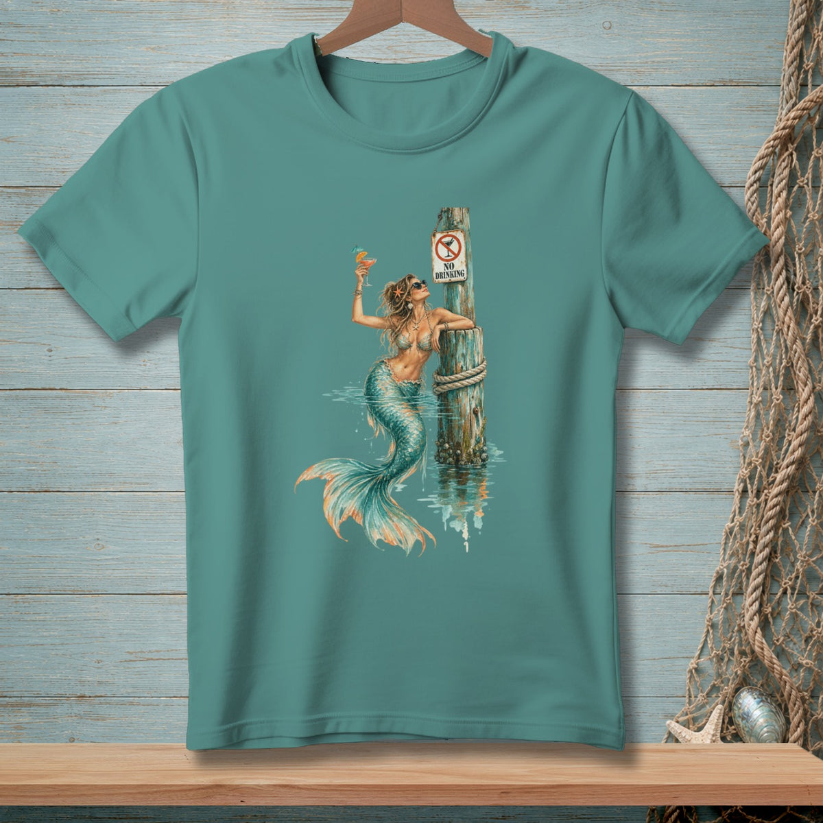 Mermaid with cocktail by a "No Drinking" post on teal t-shirt.