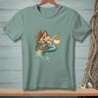 Mermaid with long red hair and blue tail sits with a pufferfish.