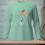 Mint green long sleeve shirt with a mermaid holding a drink and pointing to signs.