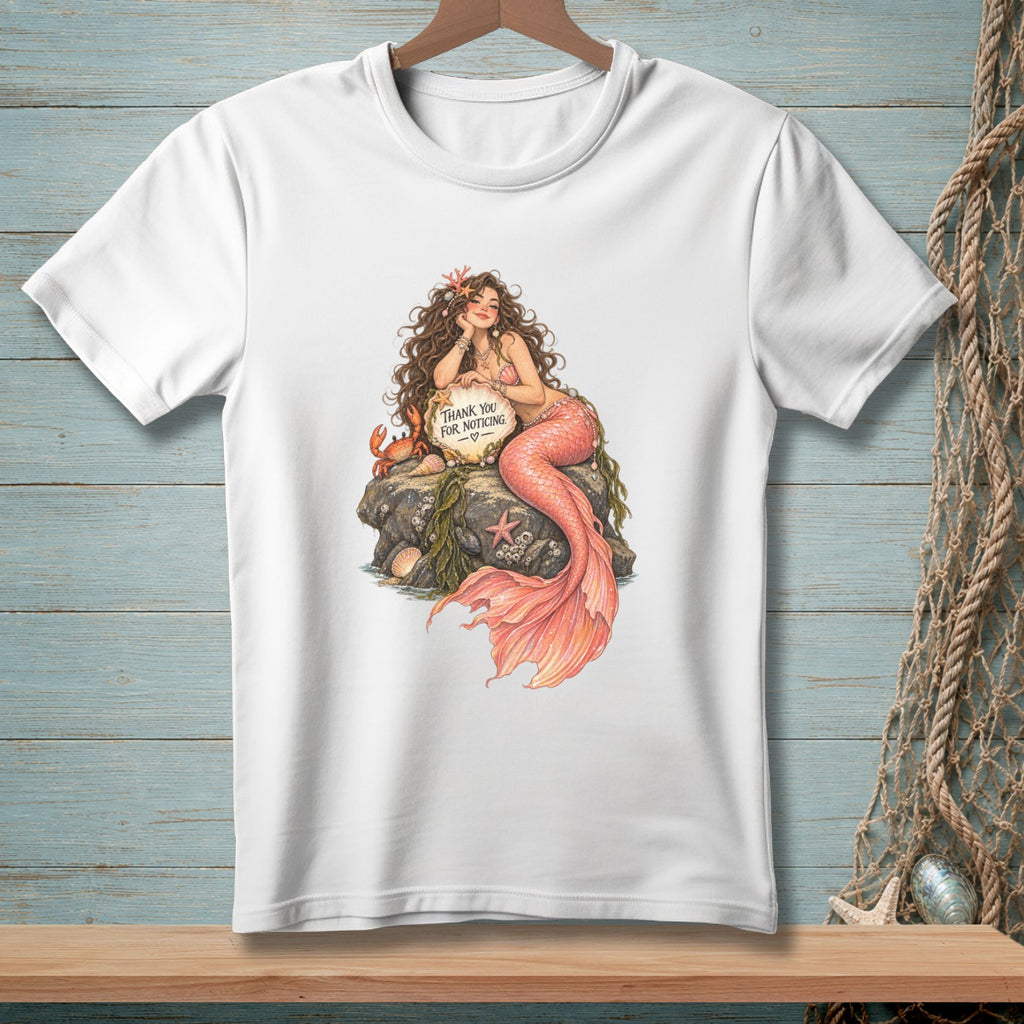 Illustration of mermaid on rock holding sign that reads "Thank You For Noticing"