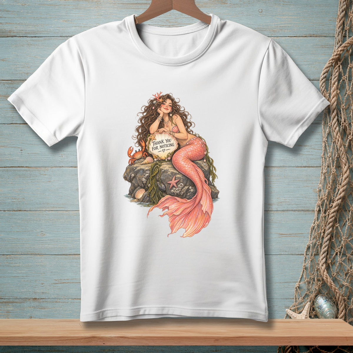 Illustration of mermaid on rock holding sign that reads "Thank You For Noticing"