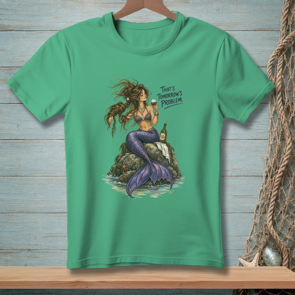 Mermaid with wine glass and bottle on rock, text "That's tomorrow's problem."