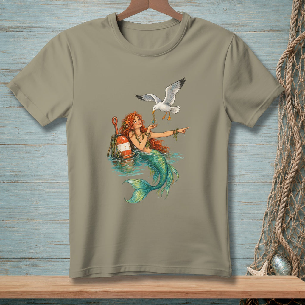 T-shirt with mermaid and seagull graphic by a buoy.