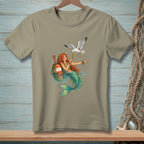 T-shirt with mermaid and seagull graphic by a buoy.