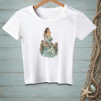 White t-shirt with a graphic of a mermaid sitting on a dock.