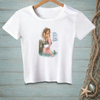 White t-shirt with mermaid graphic and "Sea Salt Zero Regrets" text.