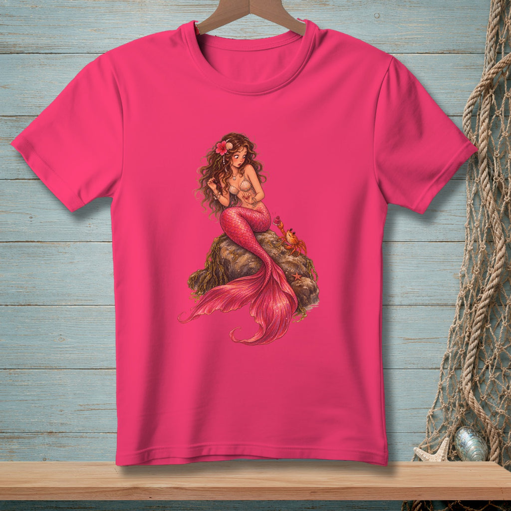 Hot pink t-shirt with a mermaid sitting on a rock with a crab.