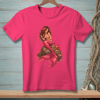 Hot pink t-shirt with a mermaid sitting on a rock with a crab.