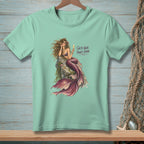 Mermaid on rock with drink, text "Salty Hair. Fancy Drink."
