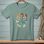Three mermaids with colorful tails drink from champagne flutes in the water.