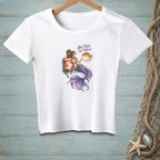 White t-shirt with illustration of mermaid and pufferfish, text reads "BIG PUFF, TINY PROBLEM."