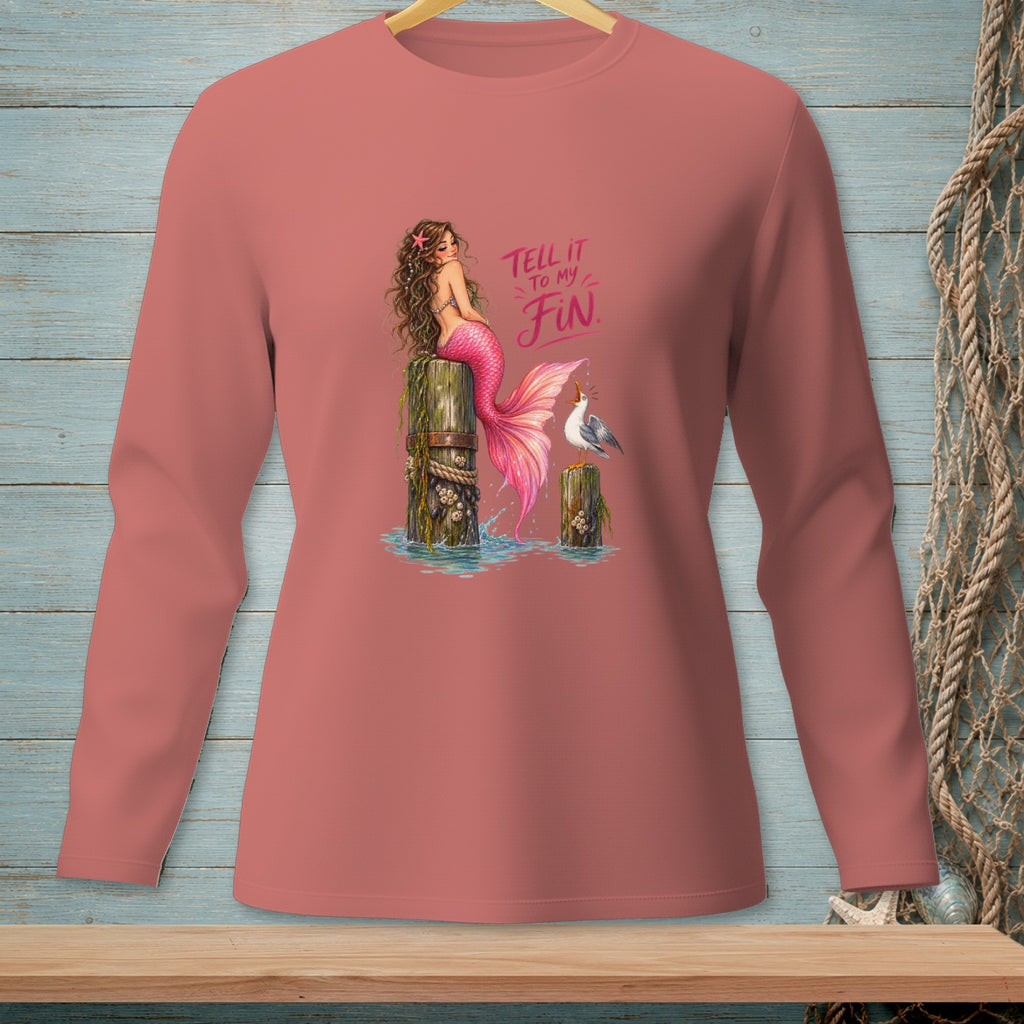 Pink mermaid with "Tell it to my Fin" text and a seagull on wooden posts.