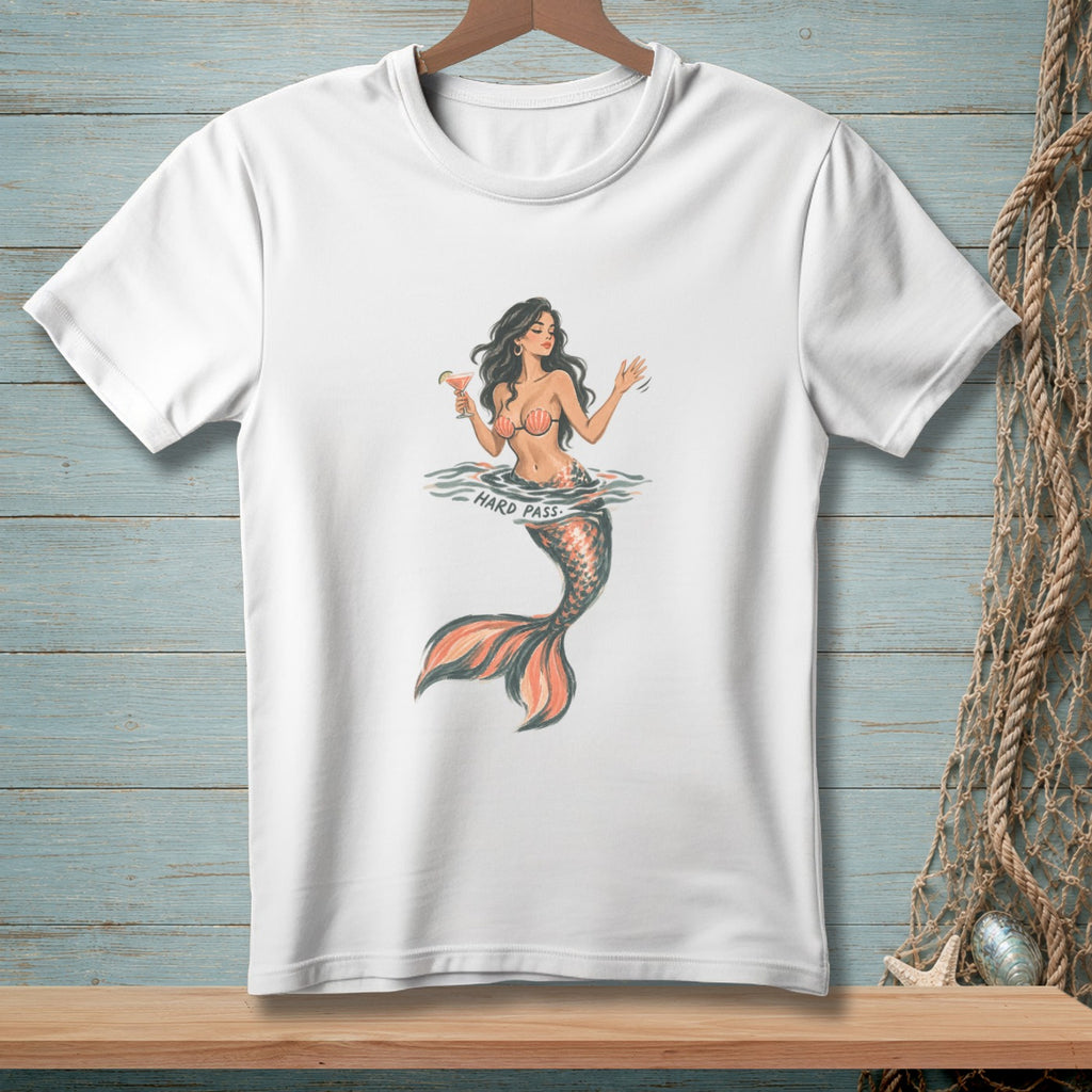White t-shirt with a mermaid holding a drink and the text "HARD PASS".