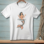 White t-shirt with a mermaid holding a drink and the text "HARD PASS".