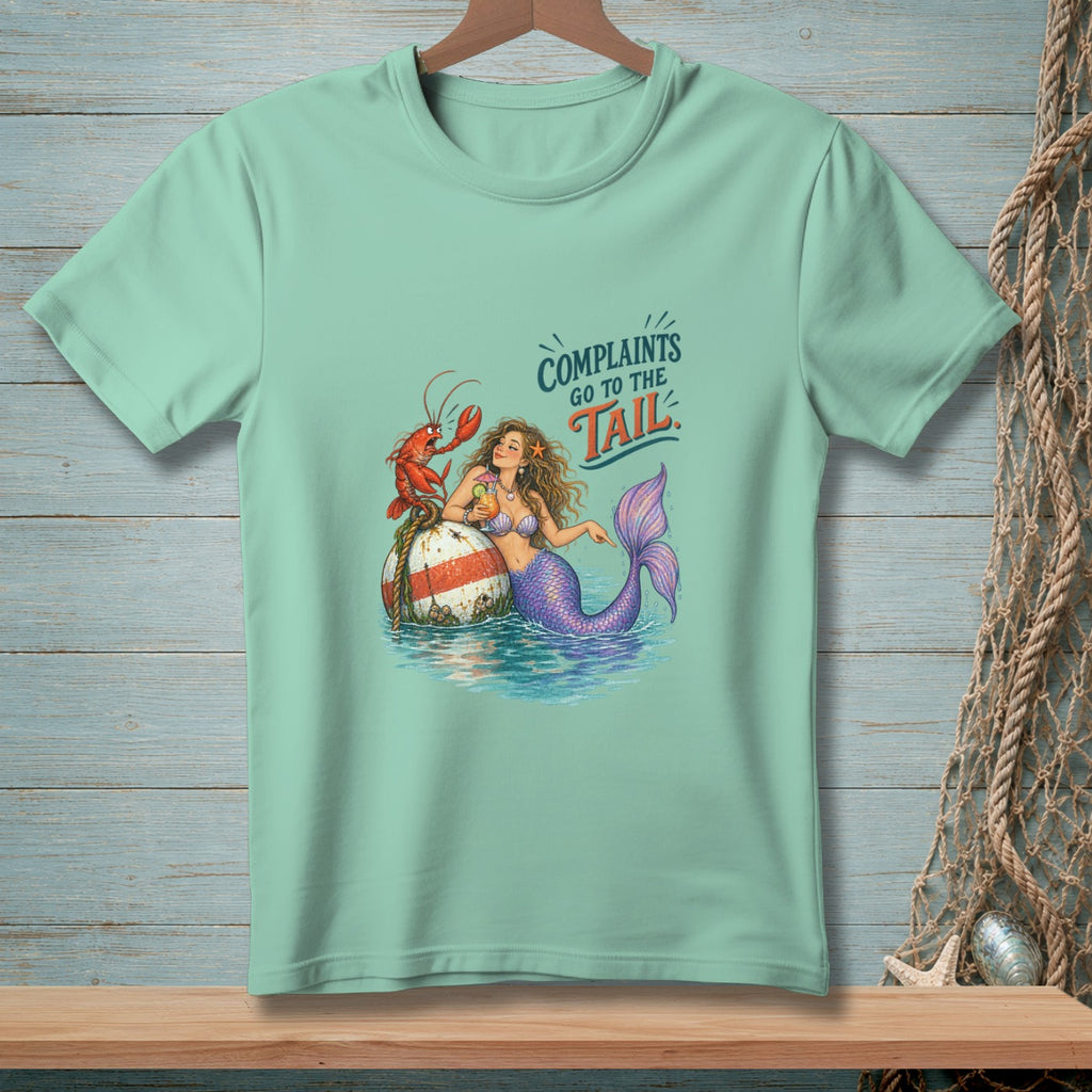 Mermaid with lobster and buoy, "Complaints go to the tail."