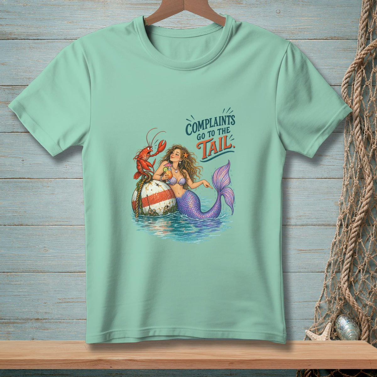 Mermaid with lobster and buoy, "Complaints go to the tail."