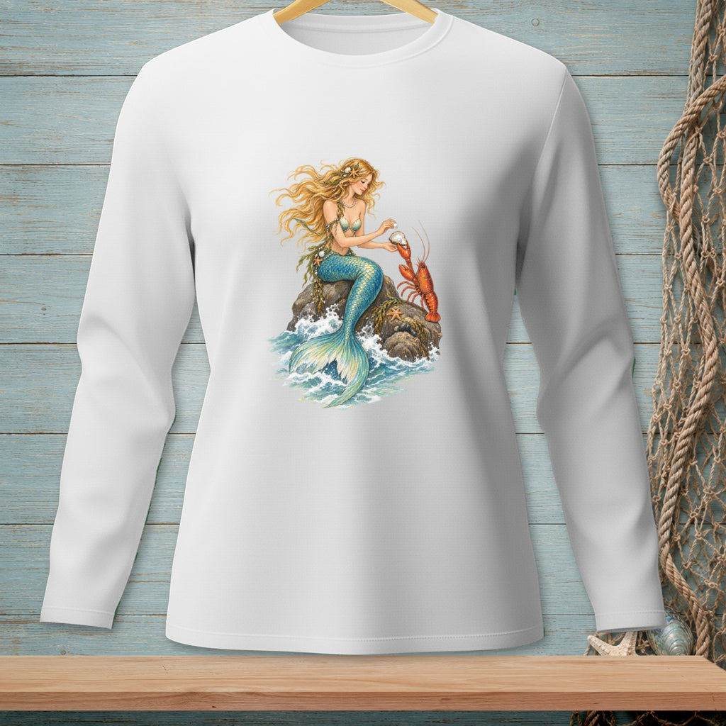 White long-sleeve shirt with a graphic of a mermaid holding a pearl and a lobster.