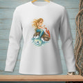 White long-sleeve shirt with a graphic of a mermaid holding a pearl and a lobster.