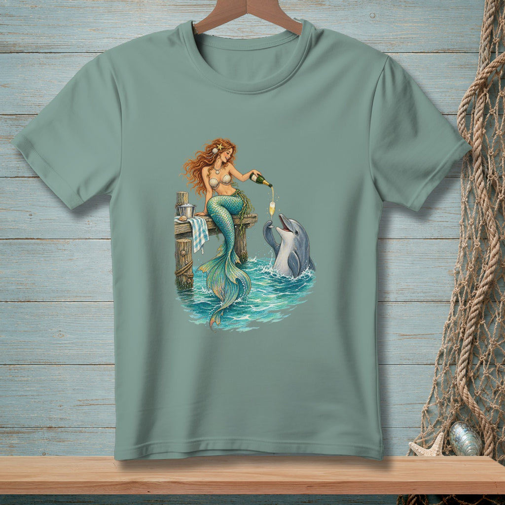 Mermaid and dolphin toasting with champagne on a dock.