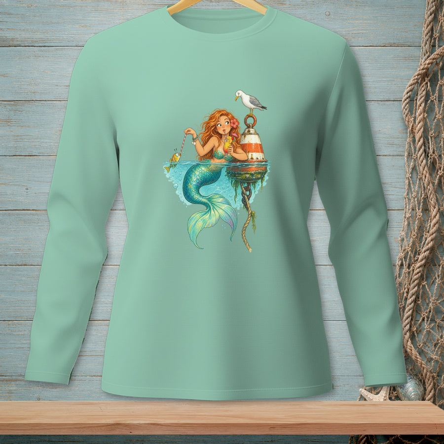 Illustration of a mermaid fishing with a seagull on a buoy.