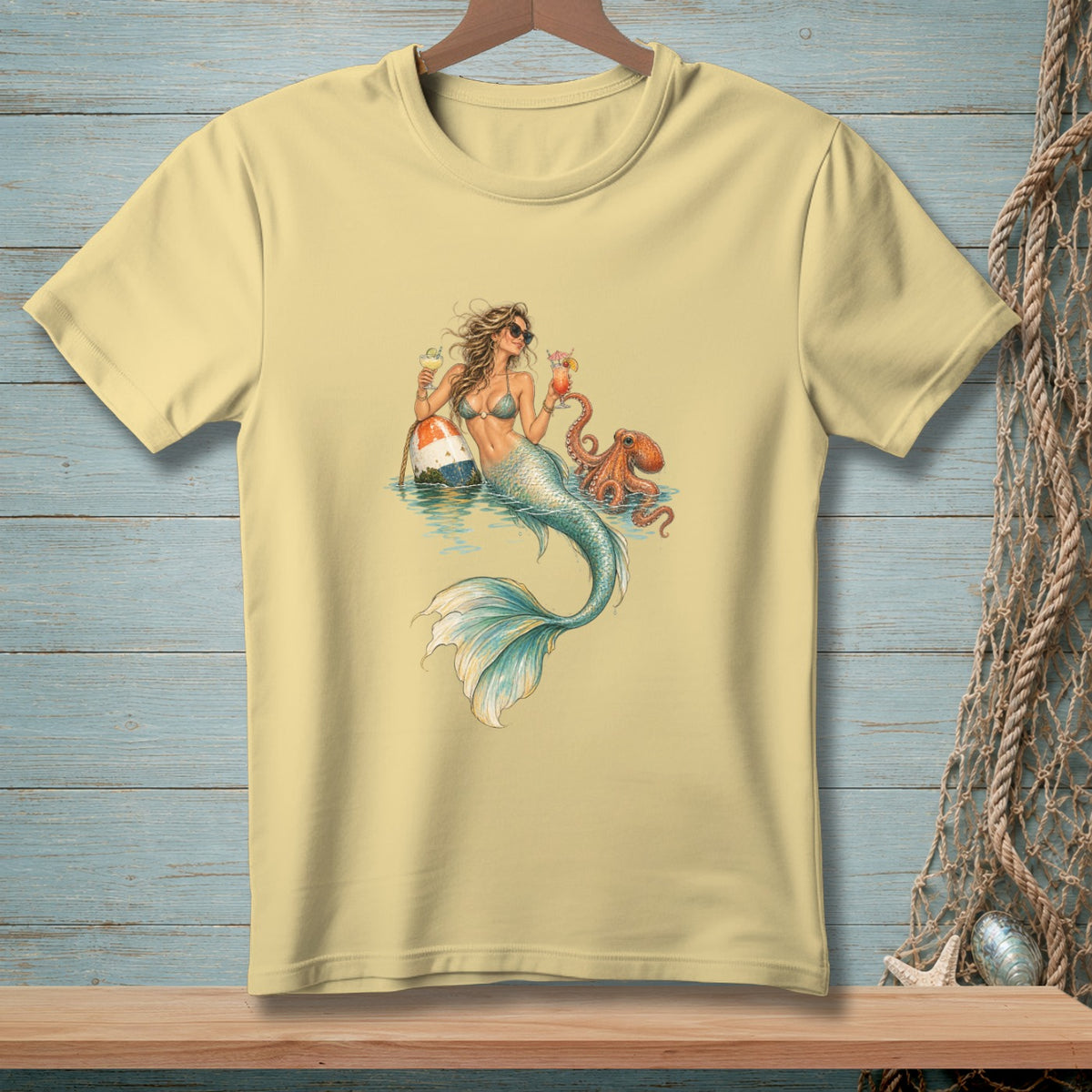 Yellow t-shirt featuring a mermaid holding cocktails with an octopus and buoy.
