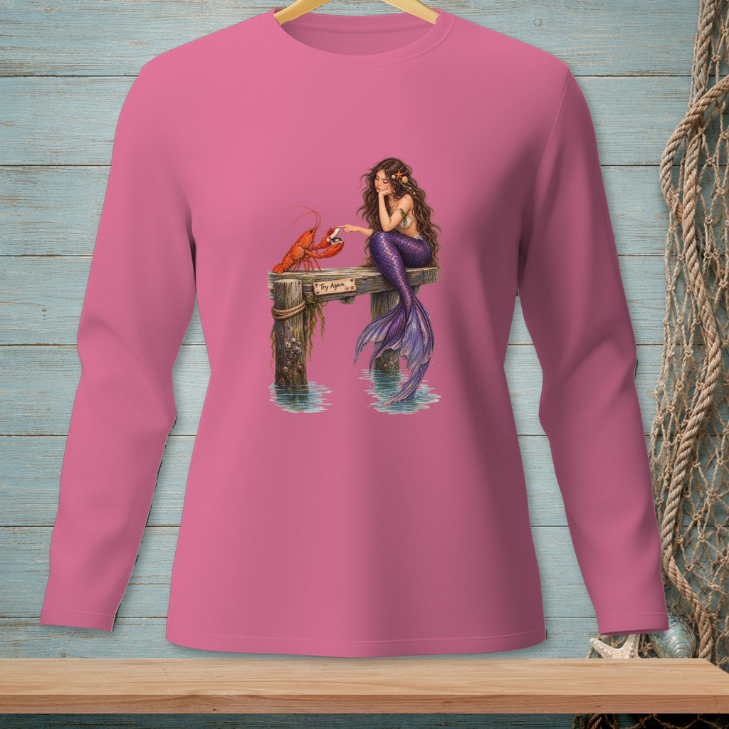 Pink long-sleeve shirt with mermaid and lobster illustration and "Try Again" text.