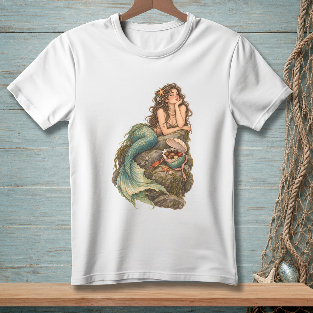 White t-shirt with a watercolor illustration of a mermaid resting on rocks near treasures.