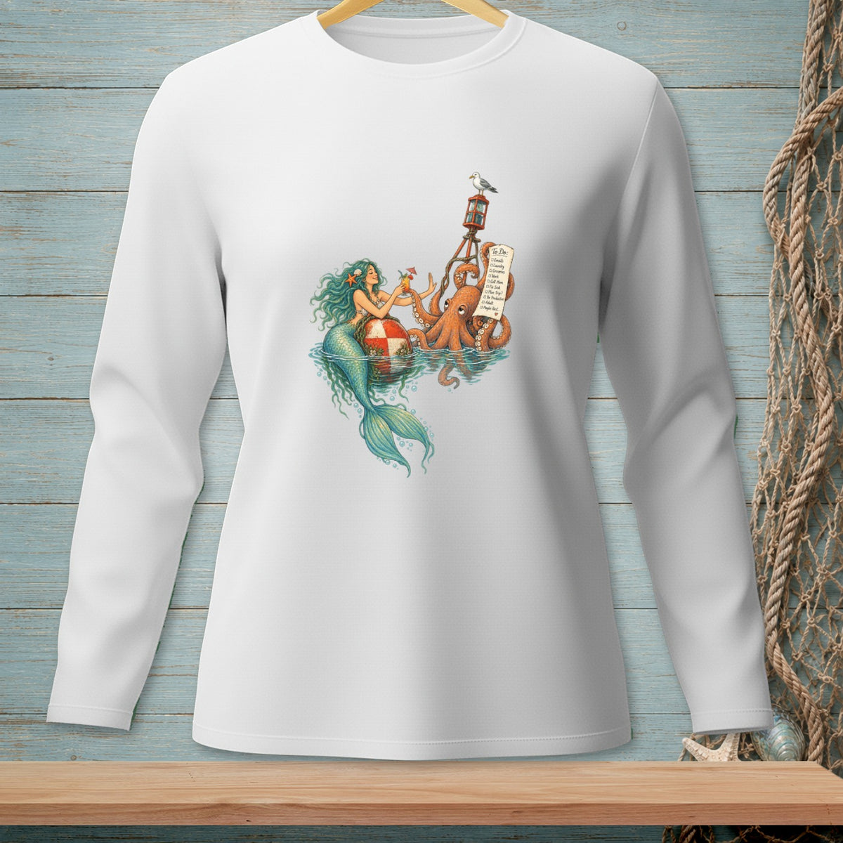 Mermaid and octopus near a buoy with a lighthouse and to-do list.