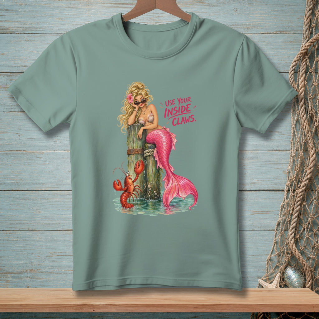 T-shirt with illustration of a mermaid and lobster, text "USE YOUR INSIDE CLAWS".
