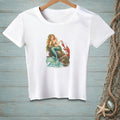 White t-shirt with a graphic of a mermaid and lobster by the sea.