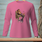 Pink long-sleeve shirt with a mermaid drinking wine and a crab, text "Sounds Personal".