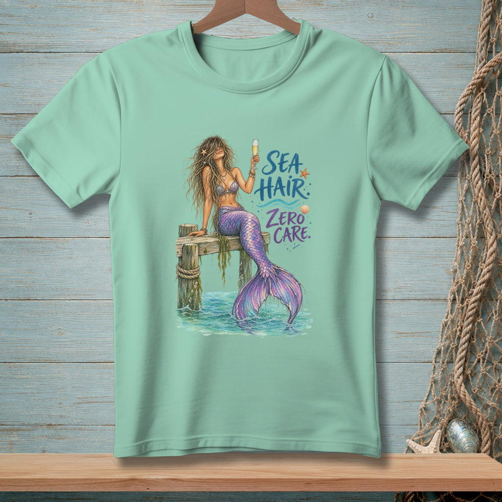 Mermaid with champagne and text "SEA HAIR ZERO CARE" on light teal t-shirt.