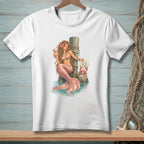 White t-shirt with a mermaid, crab, and sign saying "Let Me Stop You There."