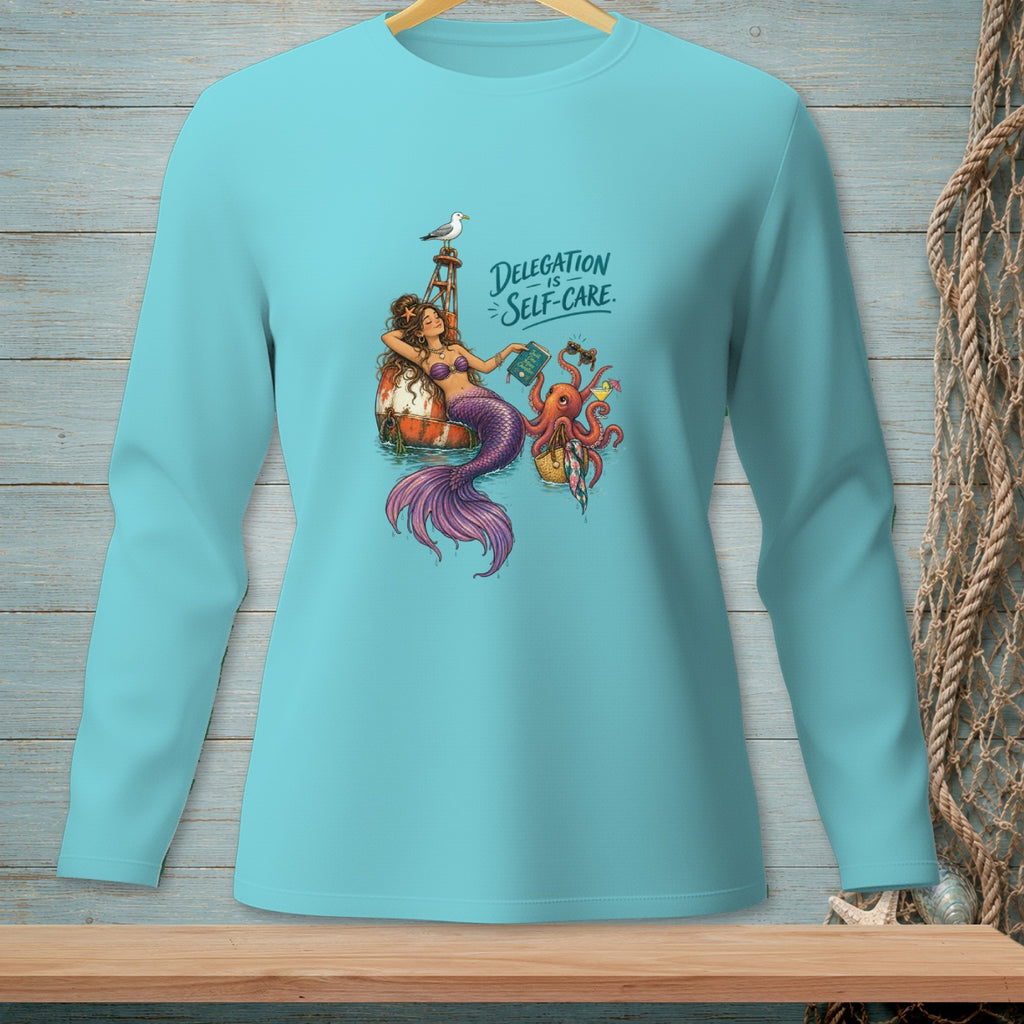 Mermaid with octopus and seagull on buoy reads, "Delegation is self-care."
