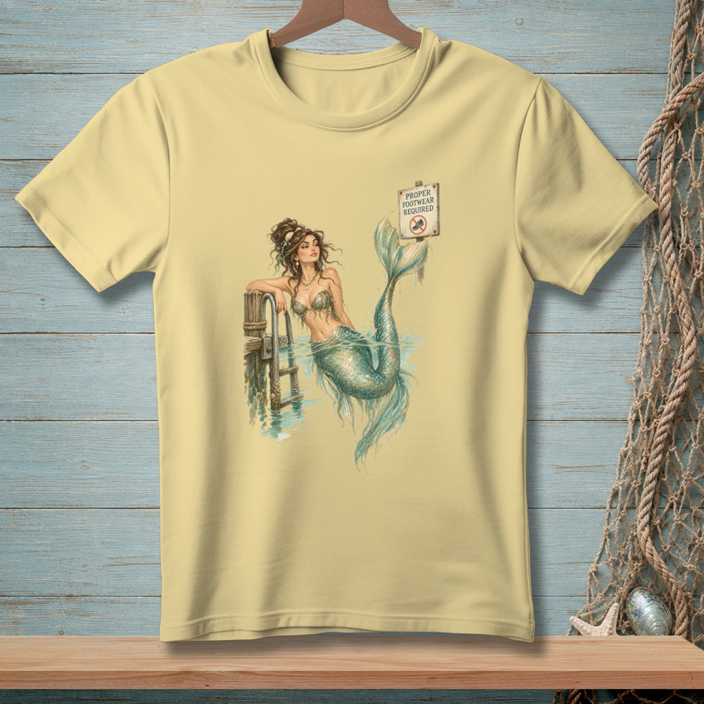 T-shirt with a mermaid illustration and a "Proper Footwear Required" sign.