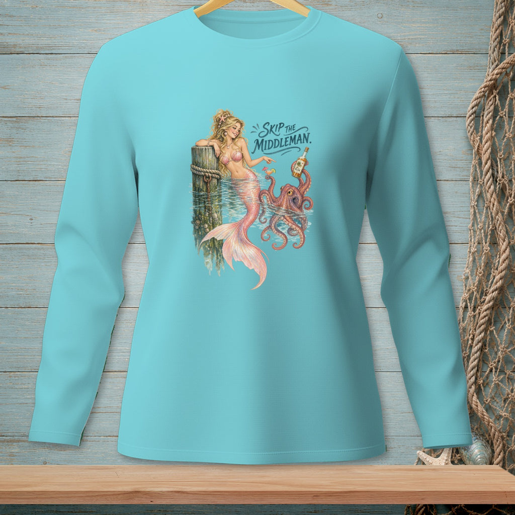 Mermaid and octopus with drinks and text "Skip The Middleman".