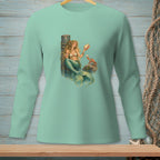 Mermaid holding seashell by wooden post with crab and starfish.