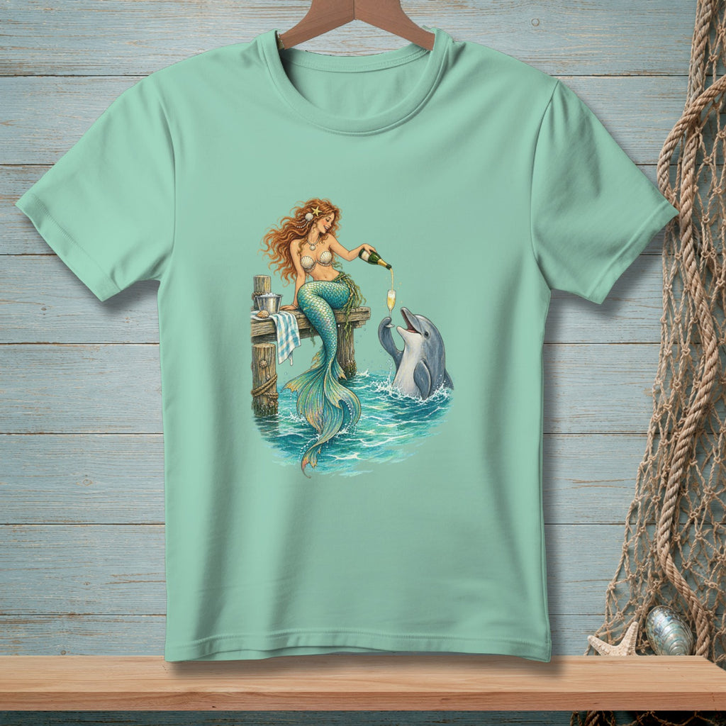 Mermaid pours champagne into a glass for a dolphin on a dock.