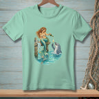 Mermaid pours champagne into a glass for a dolphin on a dock.