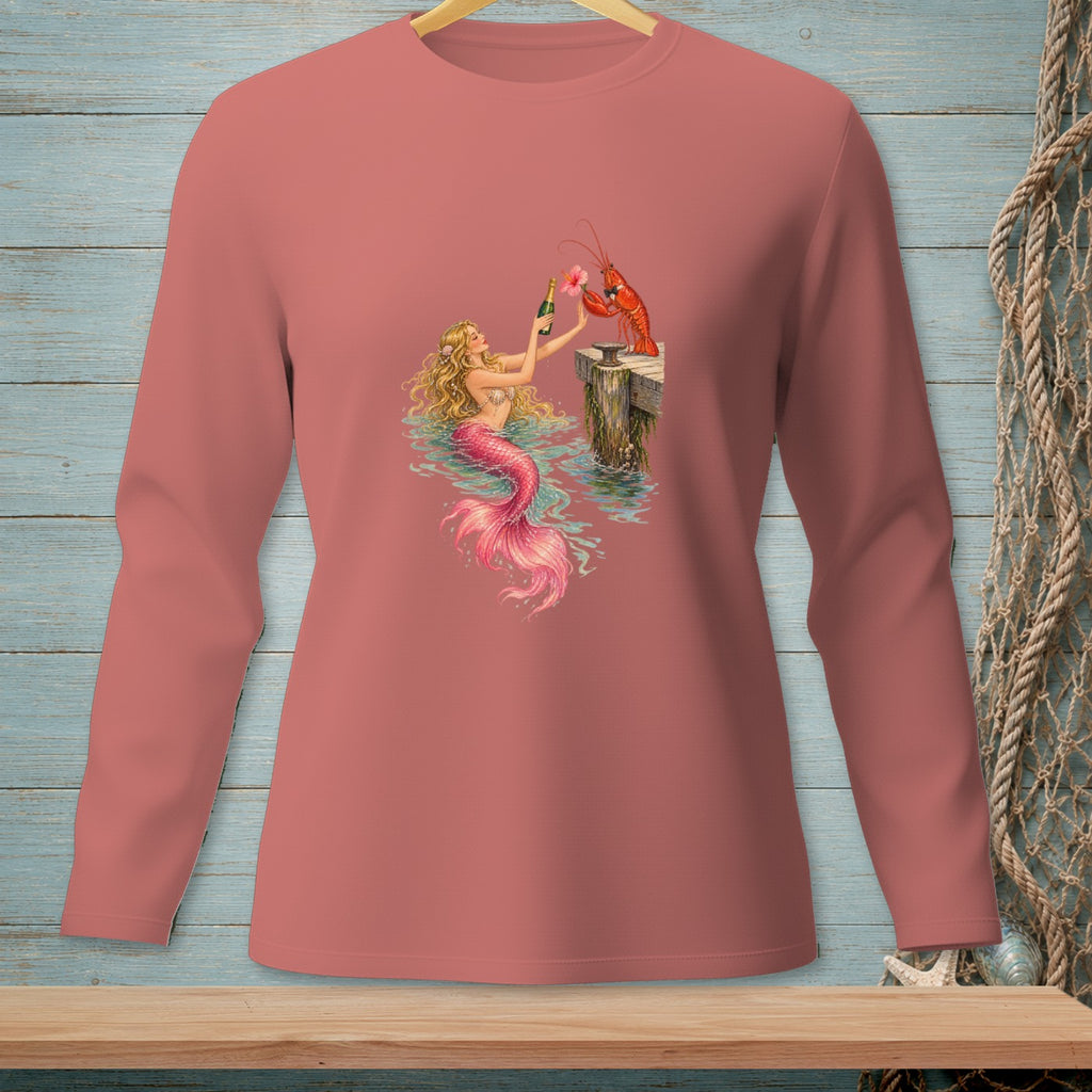 Mermaid offering champagne to a lobster on a dock with pink tail.