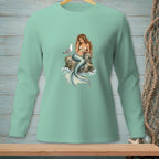Long-sleeve t-shirt with mermaid and seagull graphic on a rock in ocean waves.