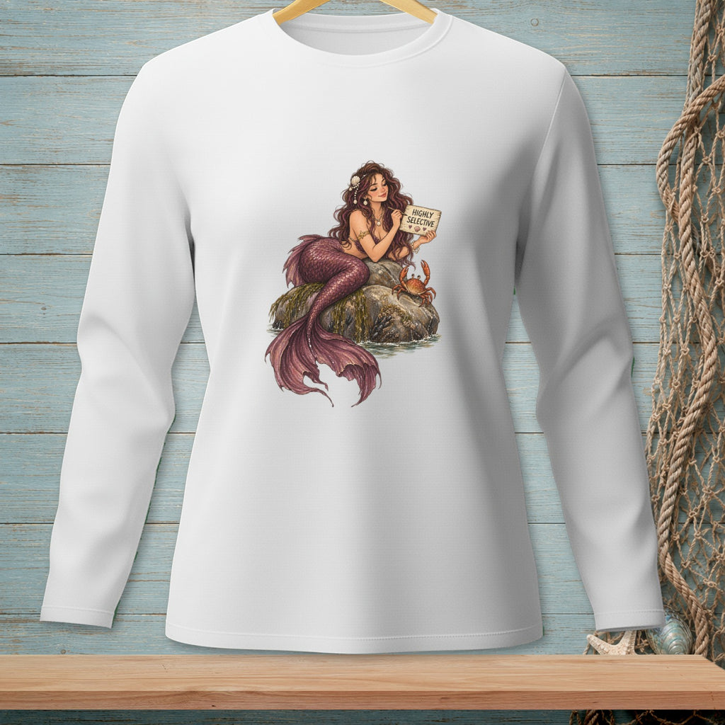 Mermaid sitting on a rock with a crab, holding a "Highly Selective" sign.