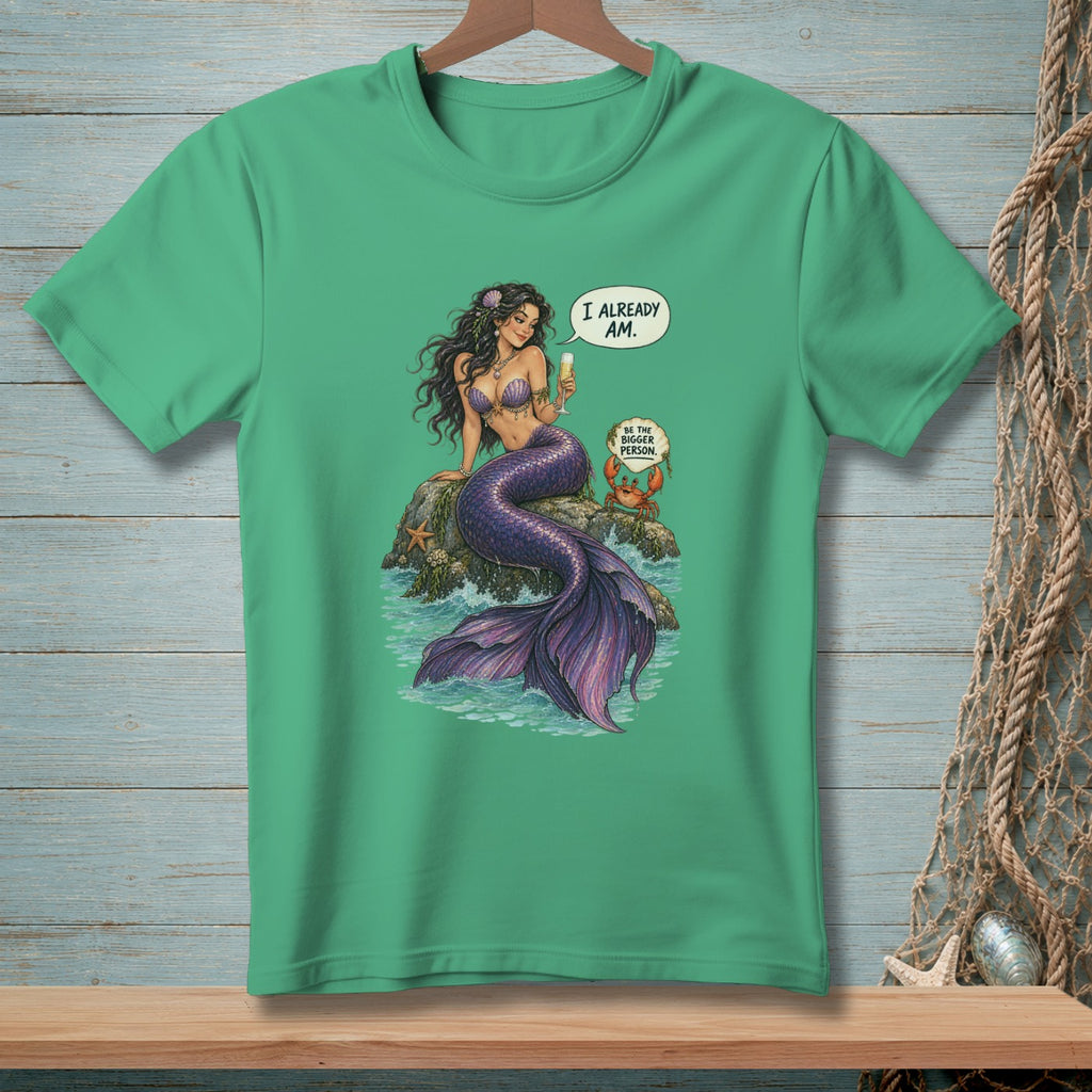 Mermaid sits on a rock with a drink, a crab reads, "Be the bigger person."